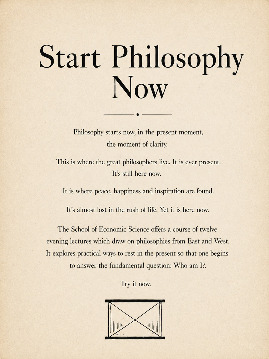 An original School of Economic Science advertisement from the 1950s, inviting the public to study philosophy.