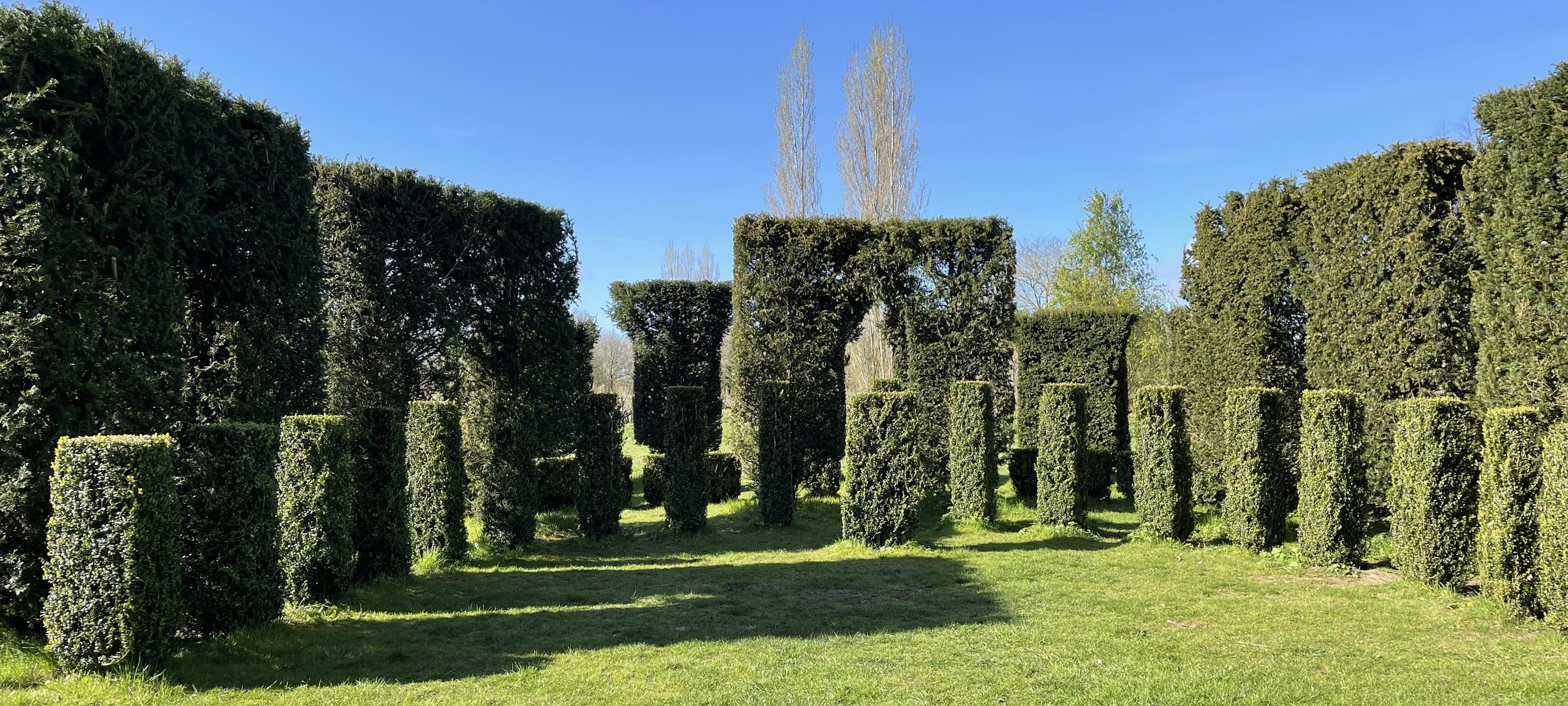 Formal topiary garden with rectangular yew pillars and a hedge doorway framing tall trees under a clear blue sky