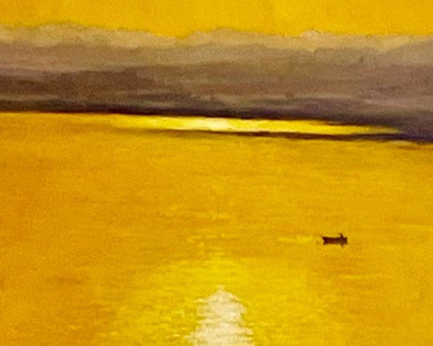 Yellow landscape with a small boat on water and mountains in the distance