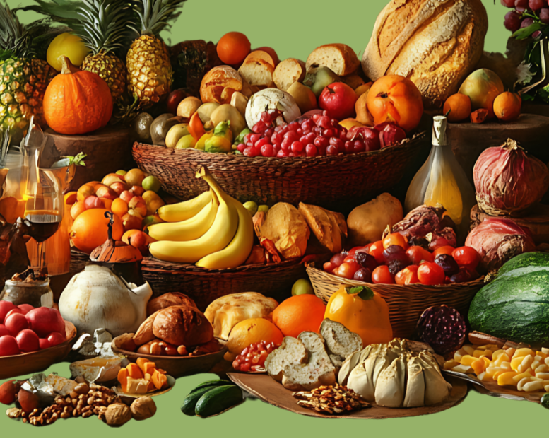 Assorted fruits, vegetables, and nuts on a green background
